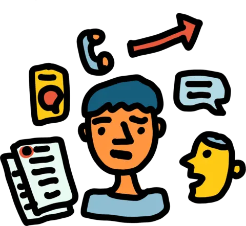 A person surrounded by the ways they can ask for help: a phone, a chat message, a checklist, and another person speaking.