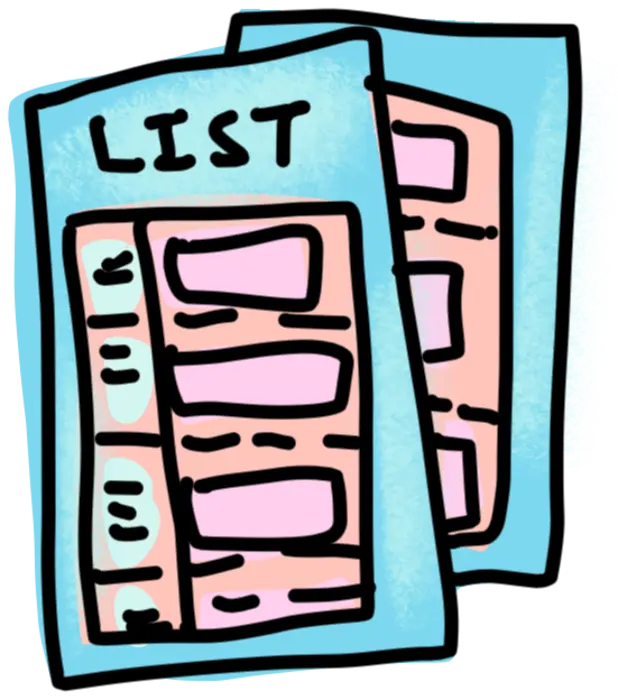 Two stacked pages headed LIST, holding rows of coded entries.